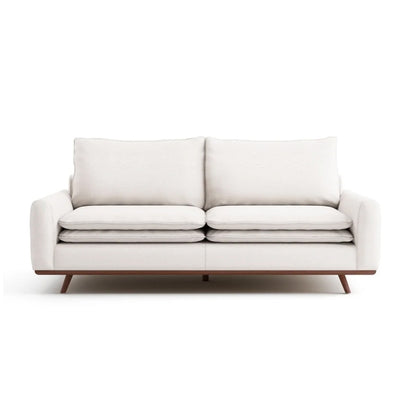 Yaana Sofa with Feather Blend Pillows, Dark Brown Wood, White 83 Inch