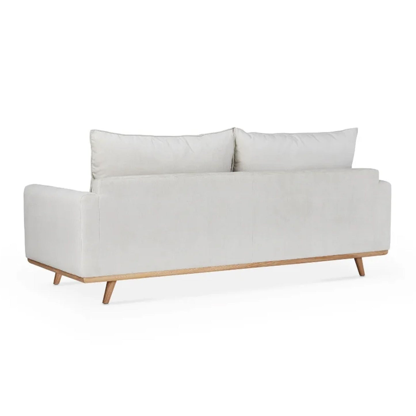Yaana Sofa with Feather Blend Pillows, Oak Brown Wood, White 83 Inch