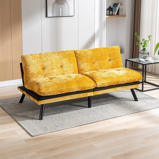 Gelbes 75,6 Chenille-Schlafsofa, umwandelbar, für zwei Personen, Futon-Sofa mit Metallbeinen für das Wohnzimmer