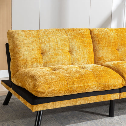 Gelbes 75,6 Chenille-Schlafsofa, umwandelbar, für zwei Personen, Futon-Sofa mit Metallbeinen für das Wohnzimmer