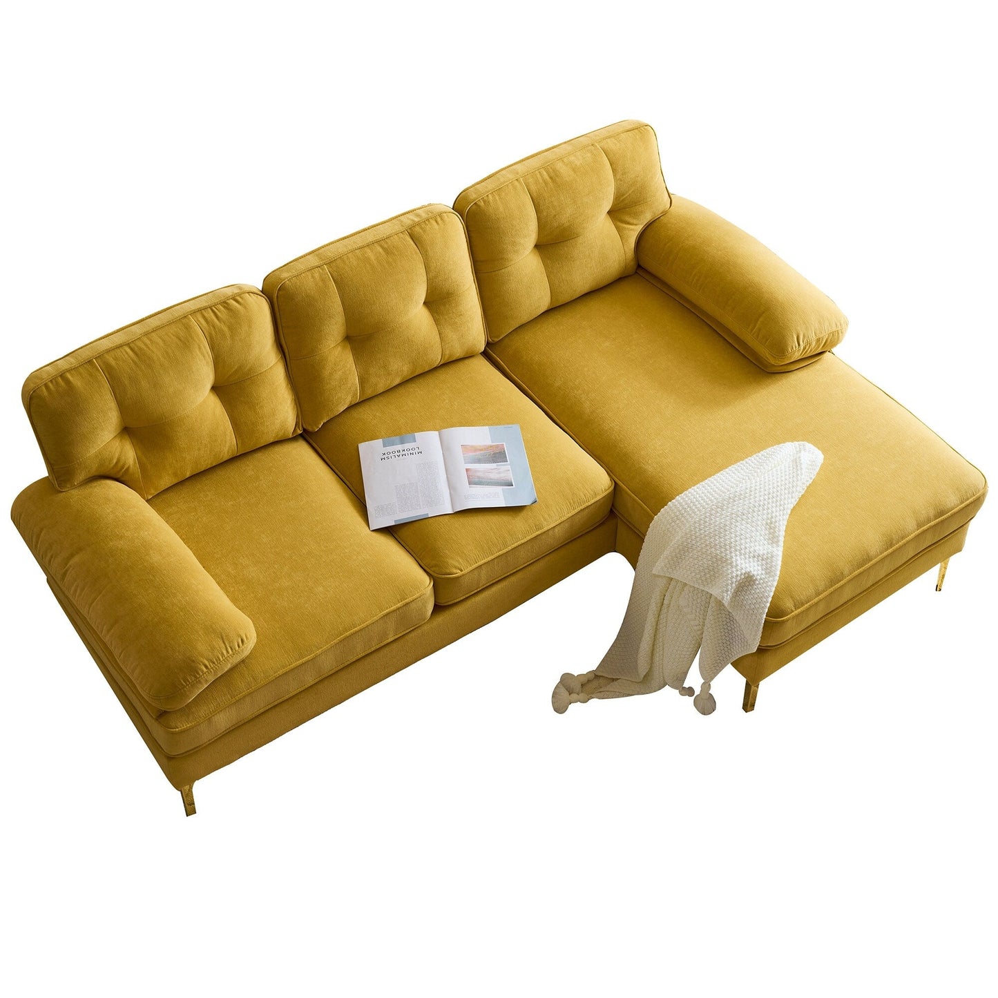 Gelbes 83-Sitzer-Sofa aus Samt in L-Form mit weichen Schaumstoffkissen, losen Rückenlehnen und Armlehnen sowie Metallbeinen