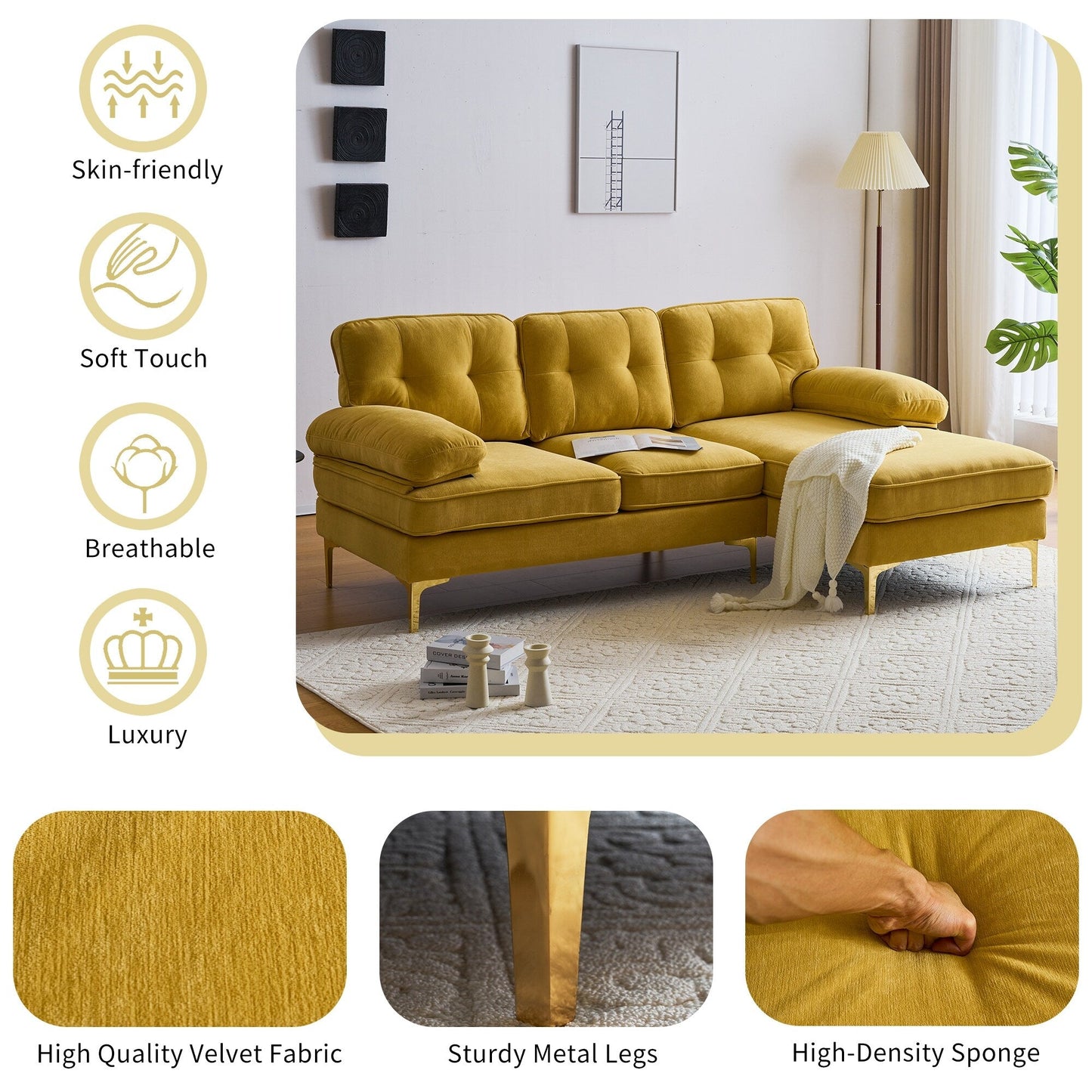 Gelbes 83-Sitzer-Sofa aus Samt in L-Form mit weichen Schaumstoffkissen, losen Rückenlehnen und Armlehnen sowie Metallbeinen