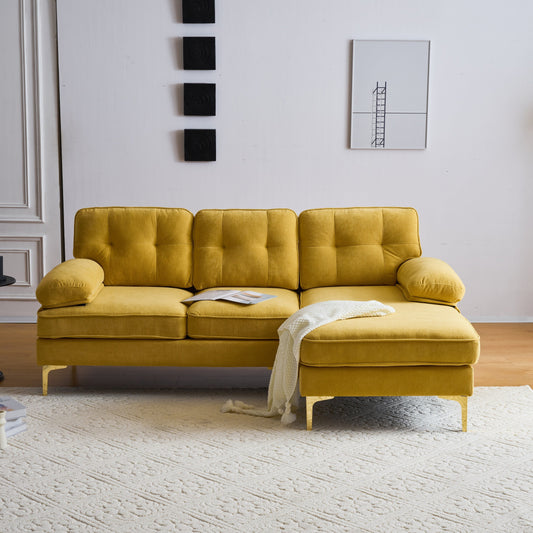 Gelbes 83-Sitzer-Sofa aus Samt in L-Form mit weichen Schaumstoffkissen, losen Rückenlehnen und Armlehnen sowie Metallbeinen