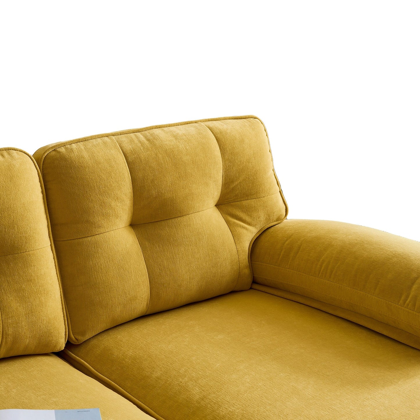Gelbes 83-Sitzer-Sofa aus Samt in L-Form mit weichen Schaumstoffkissen, losen Rückenlehnen und Armlehnen sowie Metallbeinen