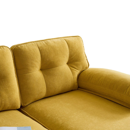 Gelbes 83-Sitzer-Sofa aus Samt in L-Form mit weichen Schaumstoffkissen, losen Rückenlehnen und Armlehnen sowie Metallbeinen