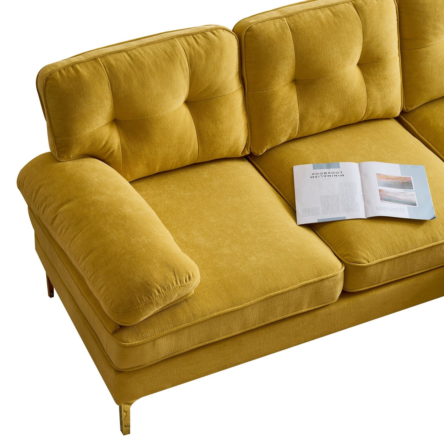 Gelbes 83-Sitzer-Sofa aus Samt in L-Form mit weichen Schaumstoffkissen, losen Rückenlehnen und Armlehnen sowie Metallbeinen
