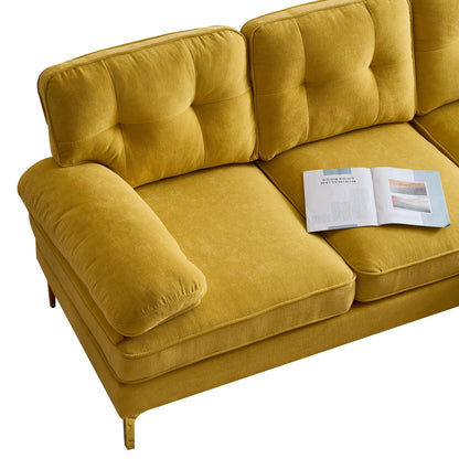 Gelbes 83-Sitzer-Sofa aus Samt in L-Form mit weichen Schaumstoffkissen, losen Rückenlehnen und Armlehnen sowie Metallbeinen
