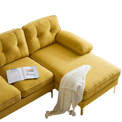 Gelbes 83-Sitzer-Sofa aus Samt in L-Form mit weichen Schaumstoffkissen, losen Rückenlehnen und Armlehnen sowie Metallbeinen