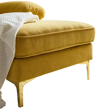 Gelbes 83-Sitzer-Sofa aus Samt in L-Form mit weichen Schaumstoffkissen, losen Rückenlehnen und Armlehnen sowie Metallbeinen