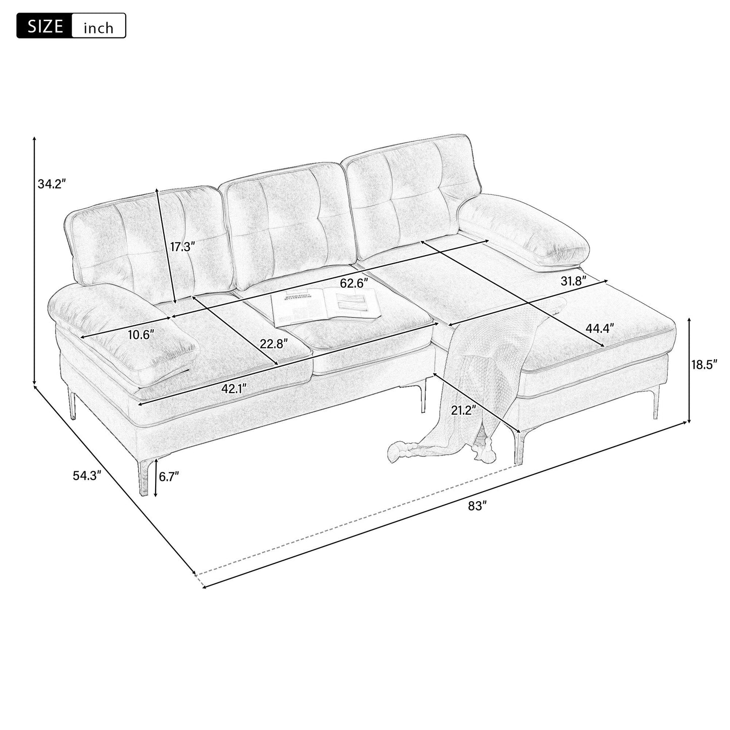 Gelbes 83-Sitzer-Sofa aus Samt in L-Form mit weichen Schaumstoffkissen, losen Rückenlehnen und Armlehnen sowie Metallbeinen