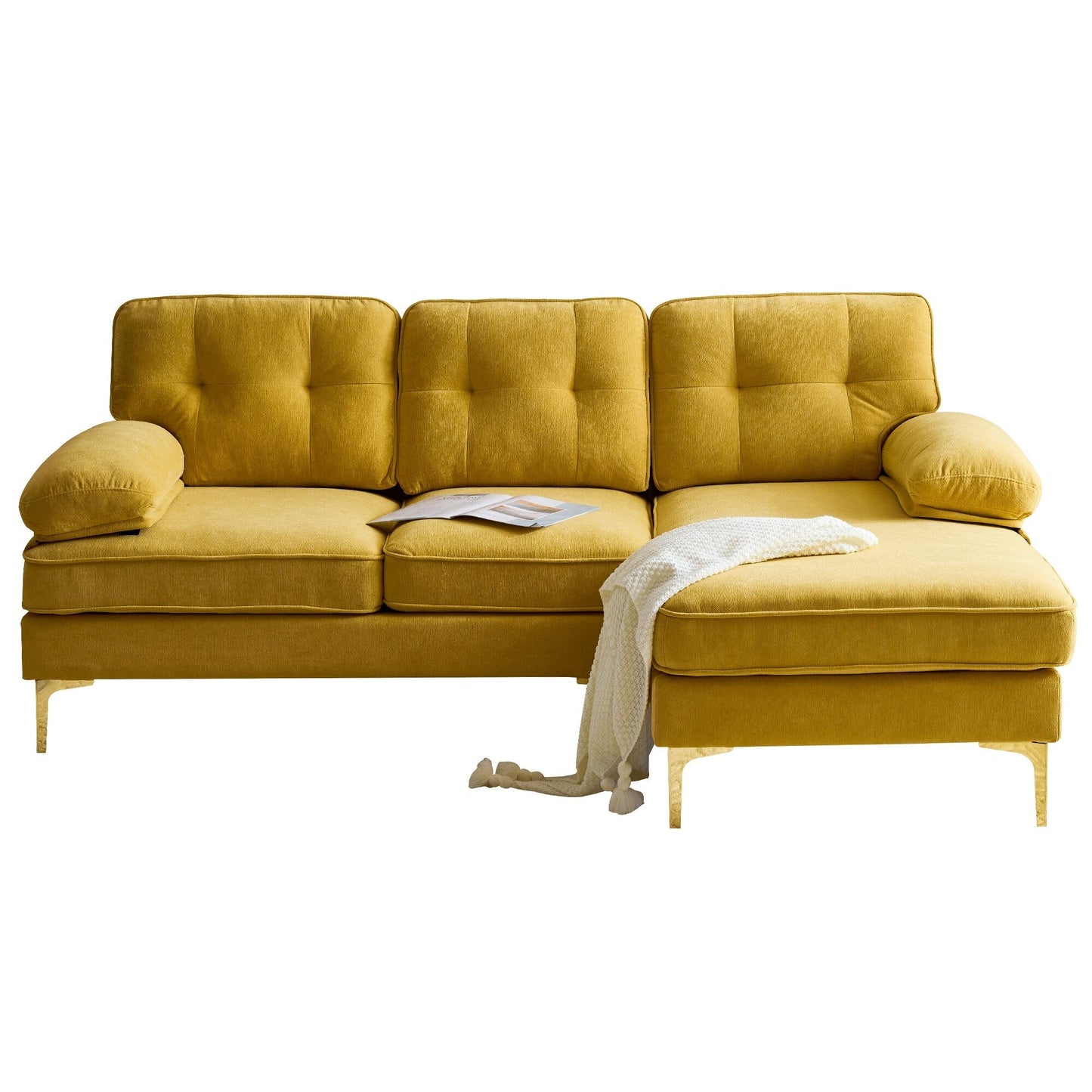 Gelbes 83-Sitzer-Sofa aus Samt in L-Form mit weichen Schaumstoffkissen, losen Rückenlehnen und Armlehnen sowie Metallbeinen