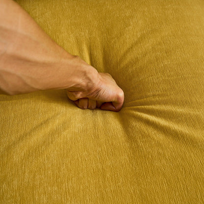 Gelbes 83-Sitzer-Sofa aus Samt in L-Form mit weichen Schaumstoffkissen, losen Rückenlehnen und Armlehnen sowie Metallbeinen
