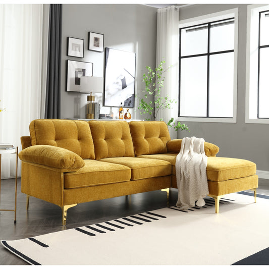 Gelbes 85''-Sofa in L-Form aus Stoff mit federverstärkten Kissen