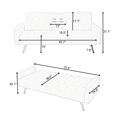 Yellow Velvet 3-seater Sofa Bed with Nailhead and Cup Holders