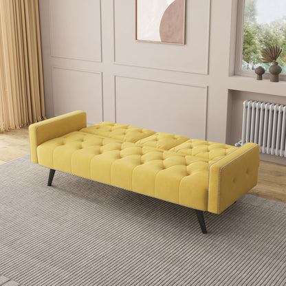 Yellow Velvet 3-seater Sofa Bed with Nailhead and Cup Holders
