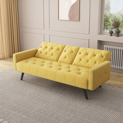 Yellow Velvet 3-seater Sofa Bed with Nailhead and Cup Holders