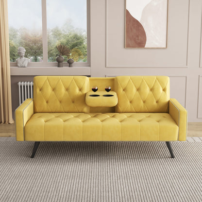 Yellow Velvet 3-seater Sofa Bed with Nailhead and Cup Holders