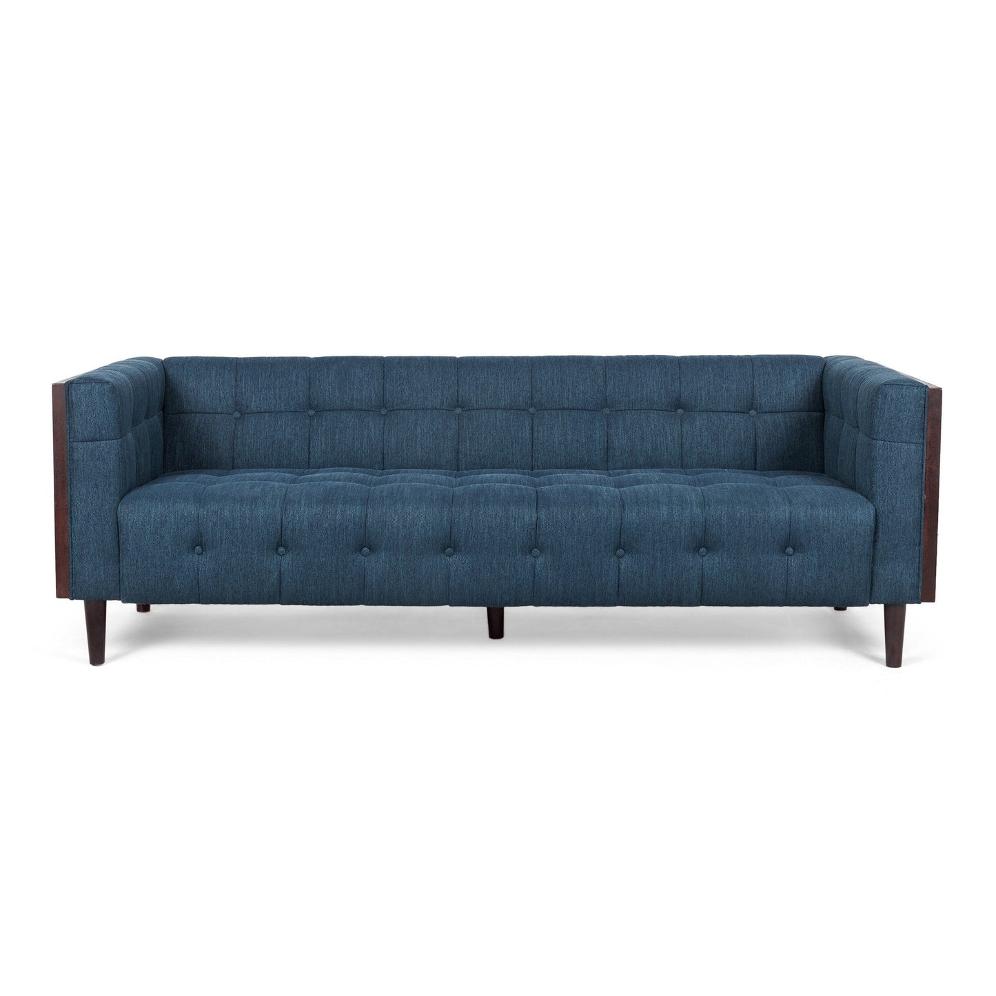 Yuro Sofa, 3 Seater, Chesterfield Button Tufted, 90 Inch, Blue Fabric