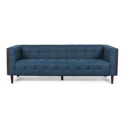 Yuro Sofa, 3 Seater, Chesterfield Button Tufted, 90 Inch, Blue Fabric