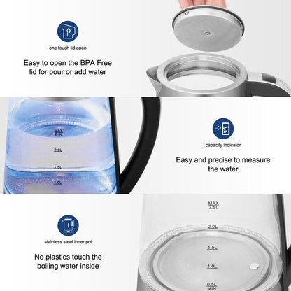 ZOKOP 0,58 Gallonen 1200 W Edelstahl-Glas-Wasserkocher mit elektronischem Griff