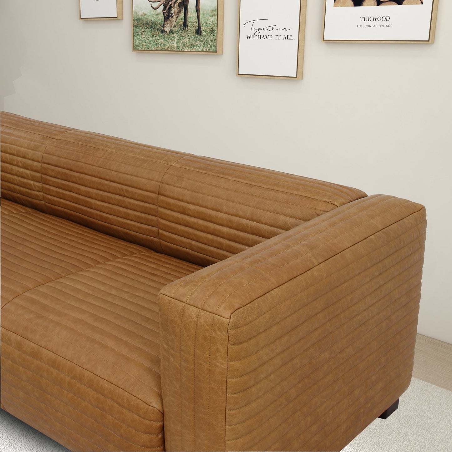 Zenith 90 Wide Mid Century Modern Living Room Leather Couch in Tan