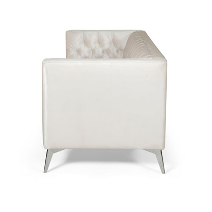 Zexy Sofa, 3 Seater Button Tufted Chesterfield Beige Velvet, Chrome