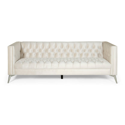Zexy Sofa, 3 Seater Button Tufted Chesterfield Beige Velvet, Chrome
