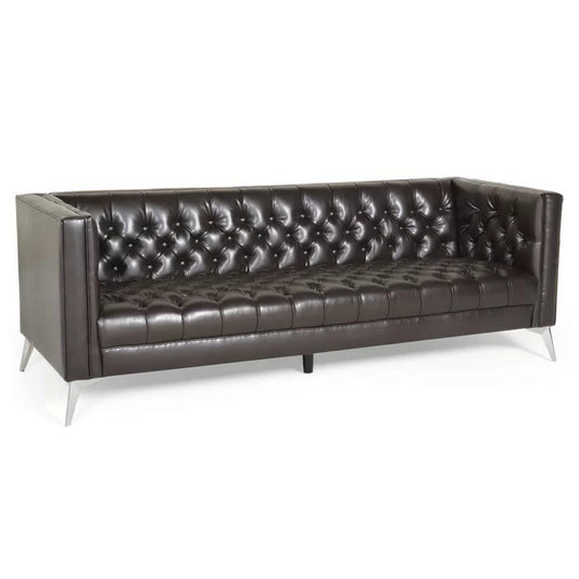 Zexy Sofa, 3 Seater Button Tufted Chesterfield Rich Brown Faux Leather