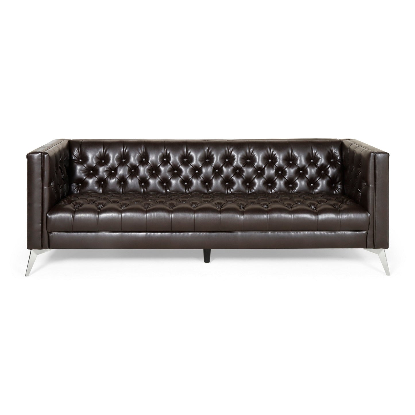Zexy Sofa, 3 Seater Button Tufted Chesterfield Rich Brown Faux Leather