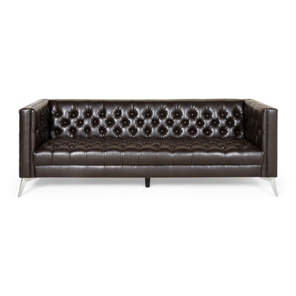 Zexy Sofa, 3 Seater Button Tufted Chesterfield Rich Brown Faux Leather