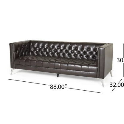 Zexy Sofa, 3 Seater Button Tufted Chesterfield Rich Brown Faux Leather