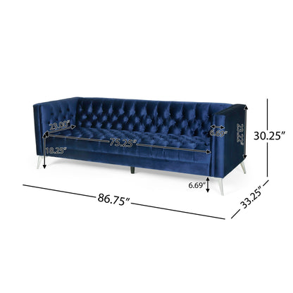 Zexy Sofa, 3 Seater Chesterfield Button Tuft Tuxedo Arms, Blue Velvet