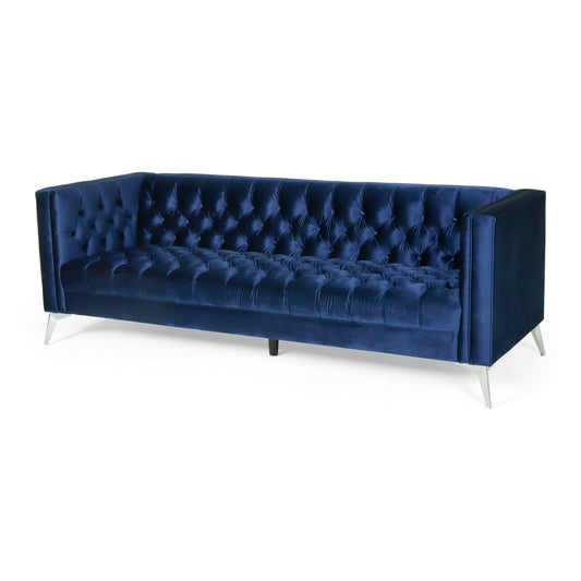 Zexy Sofa, 3 Seater Chesterfield Button Tuft Tuxedo Arms, Blue Velvet