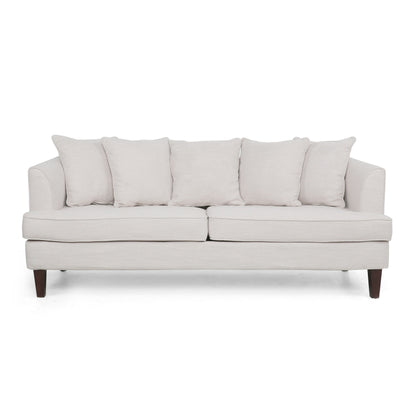 Zuko 74 Inch 3 Seater Sofa, Beige Fabric, 5 Accent Pillows, Wood Legs