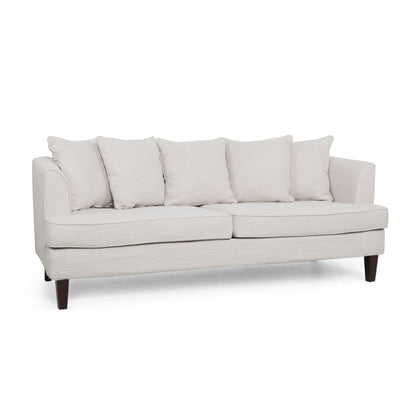 Zuko 74 Inch 3 Seater Sofa, Beige Fabric, 5 Accent Pillows, Wood Legs
