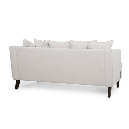 Zuko 74 Inch 3 Seater Sofa, Beige Fabric, 5 Accent Pillows, Wood Legs