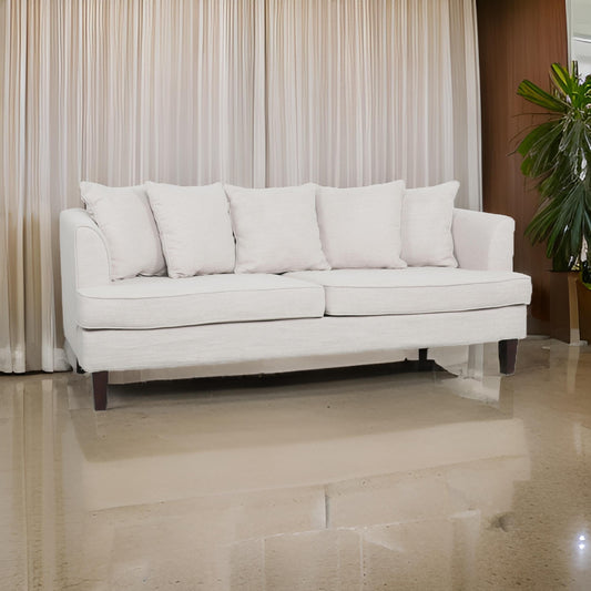 Zuko 74 Inch 3 Seater Sofa, Beige Fabric, 5 Accent Pillows, Wood Legs