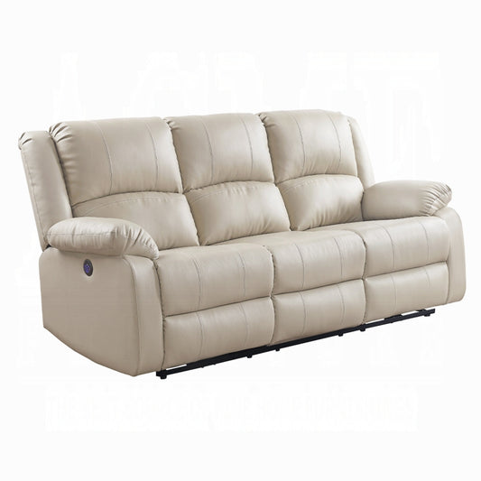 Zuru Power Reclining Sofa, 78 Inch, Pillowed Arms, Beige Faux Leather